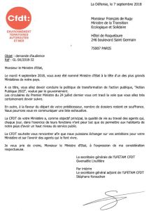 Demande d'audience au nouveau ministre, François de Rugy  CFDT UFETAM