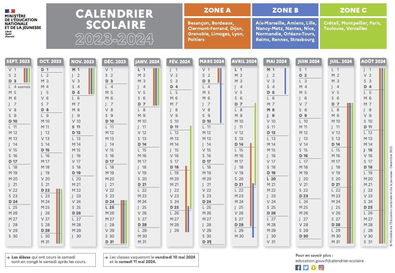 Calendrier 2023-2024 à imprimer avec vacances scolaires 3 zones